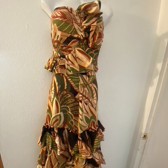 Zara Dresses & Skirts - Zara 2 Piece Strapless Ruffled Top & Maxi Ruffled Skirt with Large Leaf Print
